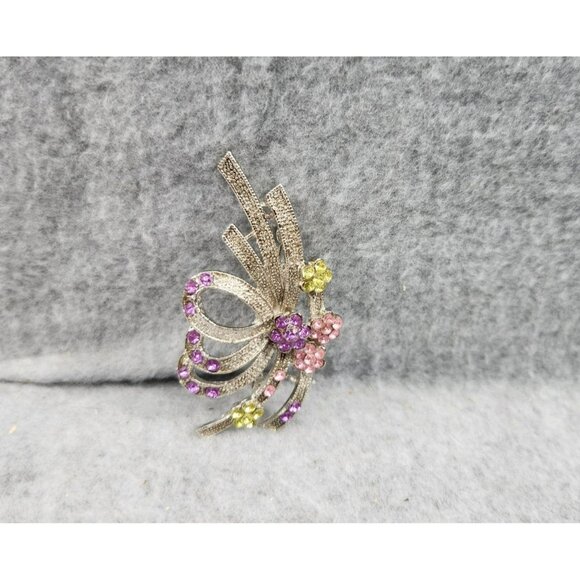 Vintage Rhinestone Floral Brooch Pin With Pink & Yellow Flowers - Picture 1 of 4